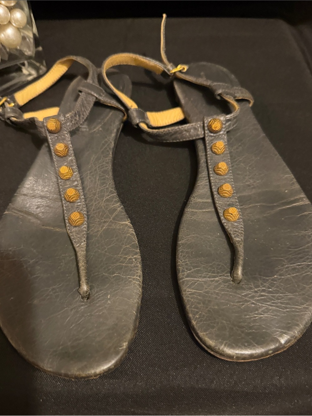 Balenciaga Gray Leather T-Strap Sandals with Gold Stud Accents